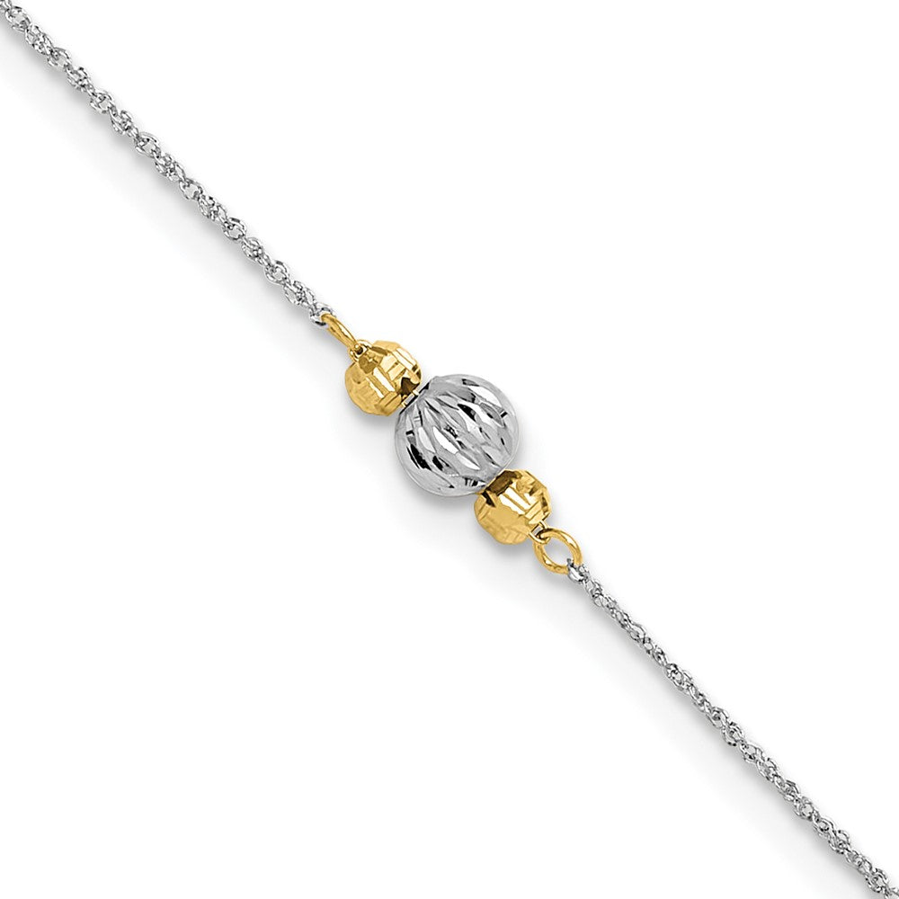 14K White Gold Ropa Two-Tone Diamond Cut Bead 9in Plus 1in Ext. Anklet