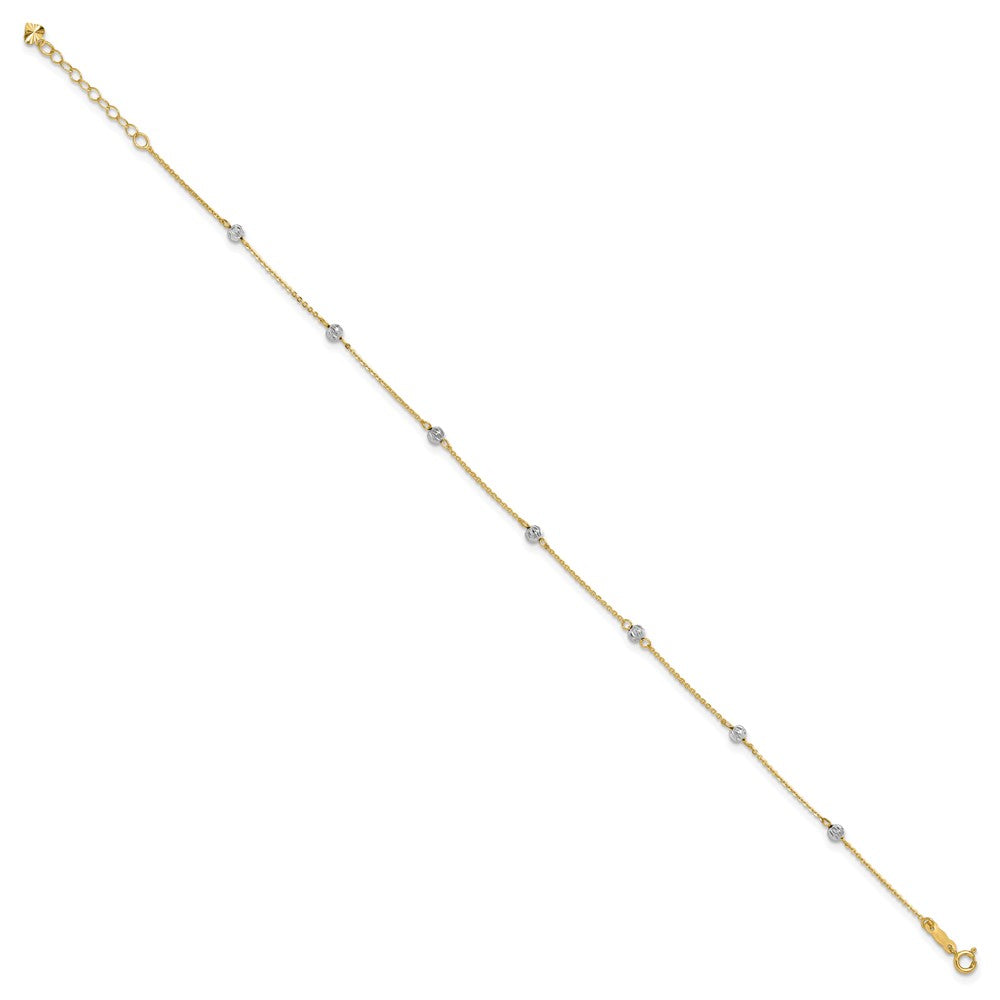 14K Two-Tone Diamond-Cut Beads 9in Plus 1in Ext. Anklet