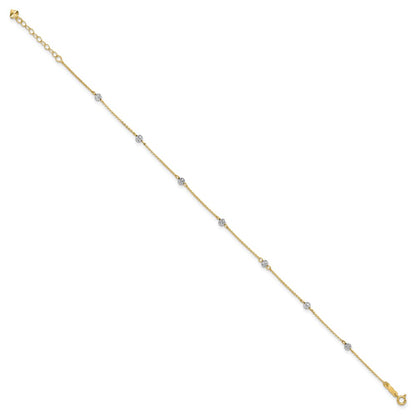 14K Two-Tone Diamond-Cut Beads 9in Plus 1in Ext. Anklet