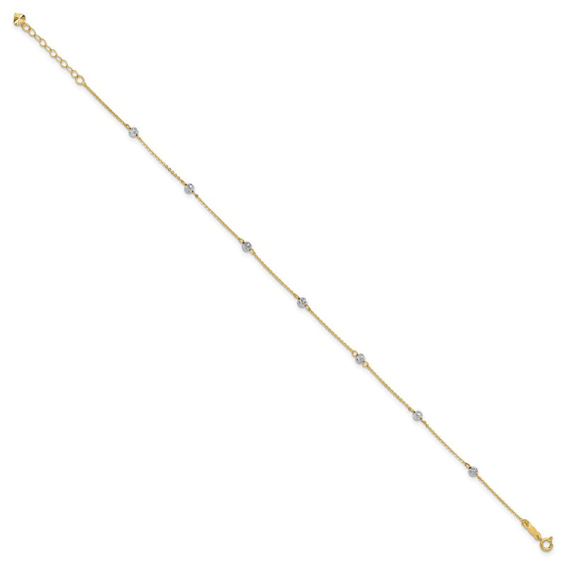 14K Two-Tone Diamond-Cut Beads 9in Plus 1in Ext. Anklet