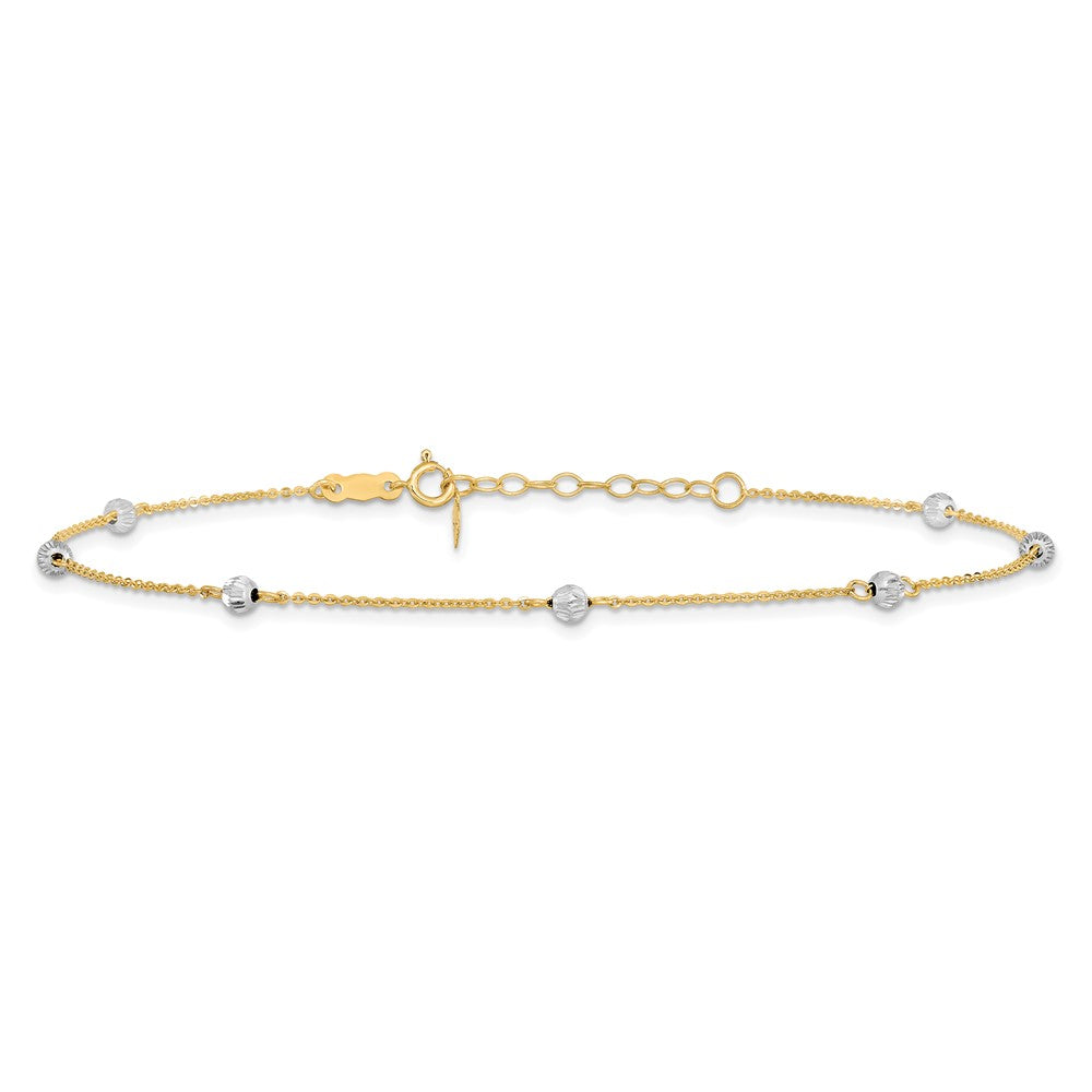 14K Two-Tone Diamond-Cut Beads 9in Plus 1in Ext. Anklet
