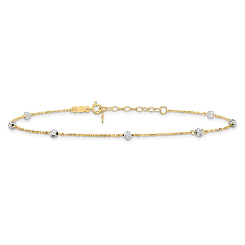 14K Two-Tone Diamond-Cut Beads 9in Plus 1in Ext. Anklet