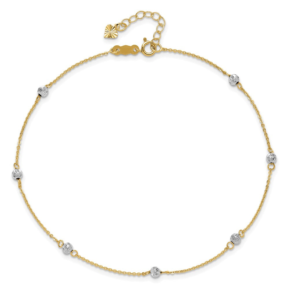 14K Two-Tone Diamond-Cut Beads 9in Plus 1in Ext. Anklet