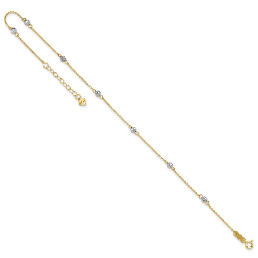 14K Two-Tone Diamond-Cut Beads 9in Plus 1in Ext. Anklet