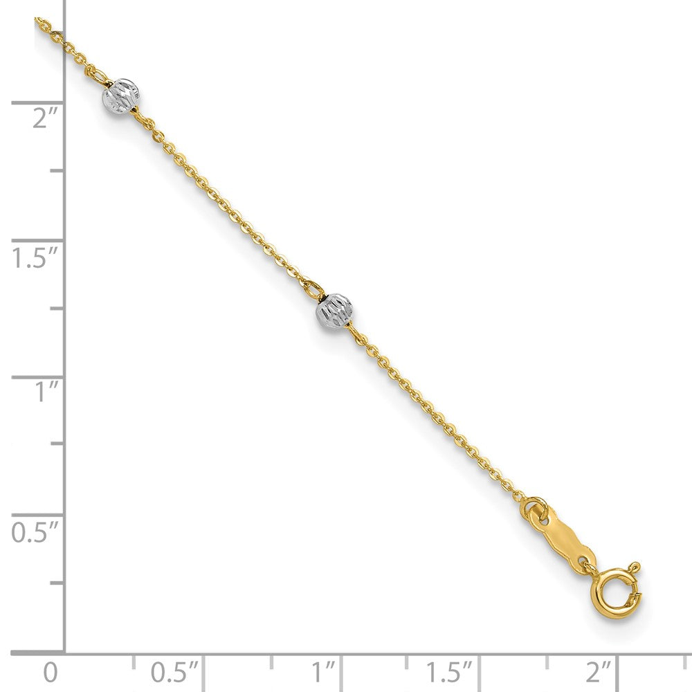 14K Two-Tone Diamond-Cut Beads 9in Plus 1in Ext. Anklet