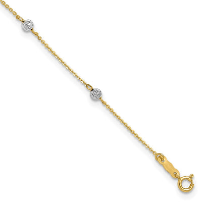 14K Two-Tone Diamond-Cut Beads 9in Plus 1in Ext. Anklet