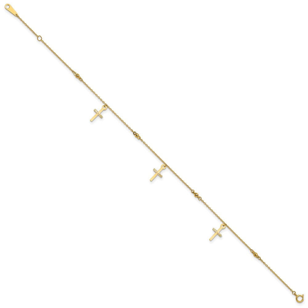 14K Yellow Gold Polished and Diamond-Cut Cross 9in Plus 1in Ext. Anklet