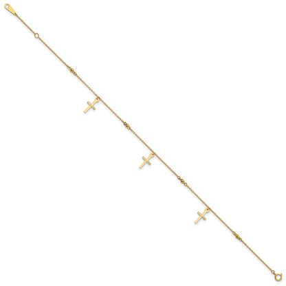 14K Yellow Gold Polished and Diamond-Cut Cross 9in Plus 1in Ext. Anklet