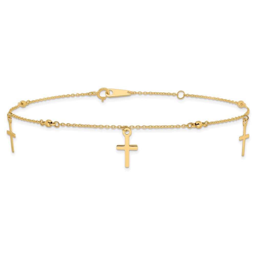 14K Yellow Gold Polished and Diamond-Cut Cross 9in Plus 1in Ext. Anklet