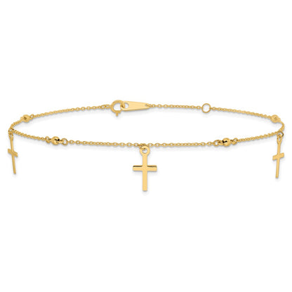 14K Yellow Gold Polished and Diamond-Cut Cross 9in Plus 1in Ext. Anklet