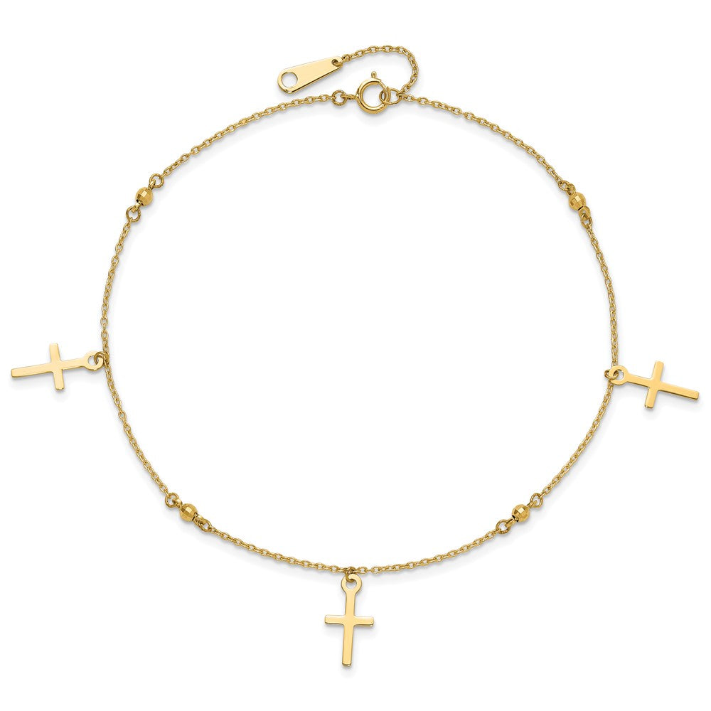 14K Yellow Gold Polished and Diamond-Cut Cross 9in Plus 1in Ext. Anklet