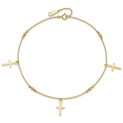 14K Yellow Gold Polished and Diamond-Cut Cross 9in Plus 1in Ext. Anklet