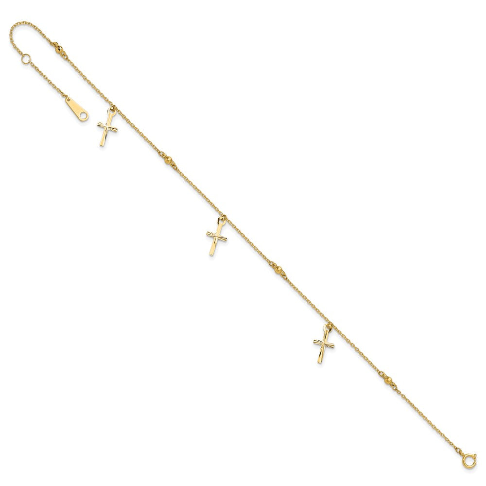 14K Yellow Gold Polished and Diamond-Cut Cross 9in Plus 1in Ext. Anklet