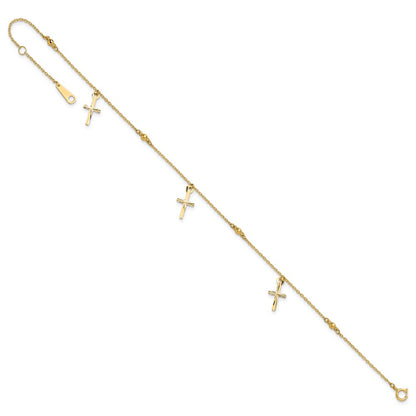 14K Yellow Gold Polished and Diamond-Cut Cross 9in Plus 1in Ext. Anklet