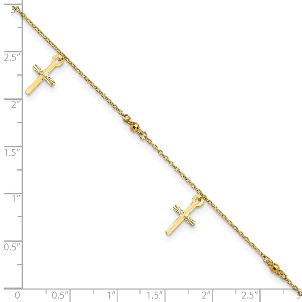 14K Yellow Gold Polished and Diamond-Cut Cross 9in Plus 1in Ext. Anklet