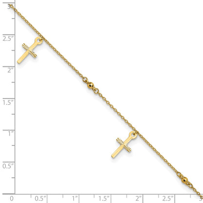 14K Yellow Gold Polished and Diamond-Cut Cross 9in Plus 1in Ext. Anklet