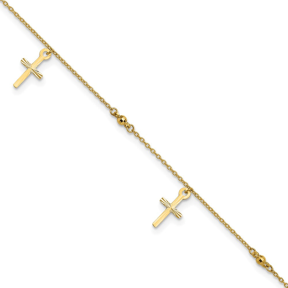 14K Yellow Gold Polished and Diamond-Cut Cross 9in Plus 1in Ext. Anklet