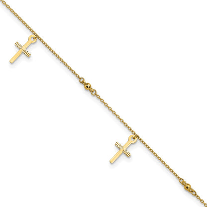 14K Yellow Gold Polished and Diamond-Cut Cross 9in Plus 1in Ext. Anklet