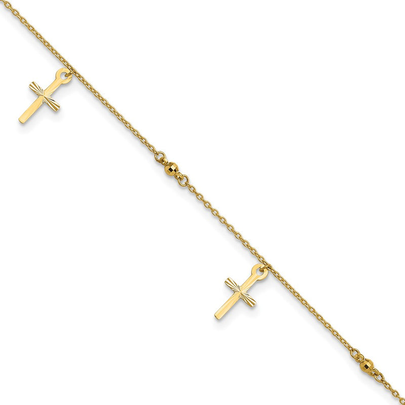 14K Yellow Gold Polished and Diamond-Cut Cross 9in Plus 1in Ext. Anklet