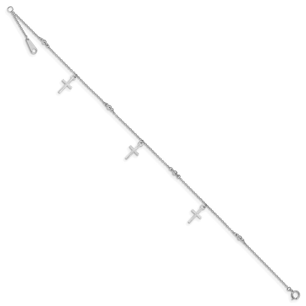 14K White Gold Polished and Diamond-Cut Cross 9in Plus 1in Ext. Anklet