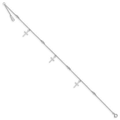 14K White Gold Polished and Diamond-Cut Cross 9in Plus 1in Ext. Anklet