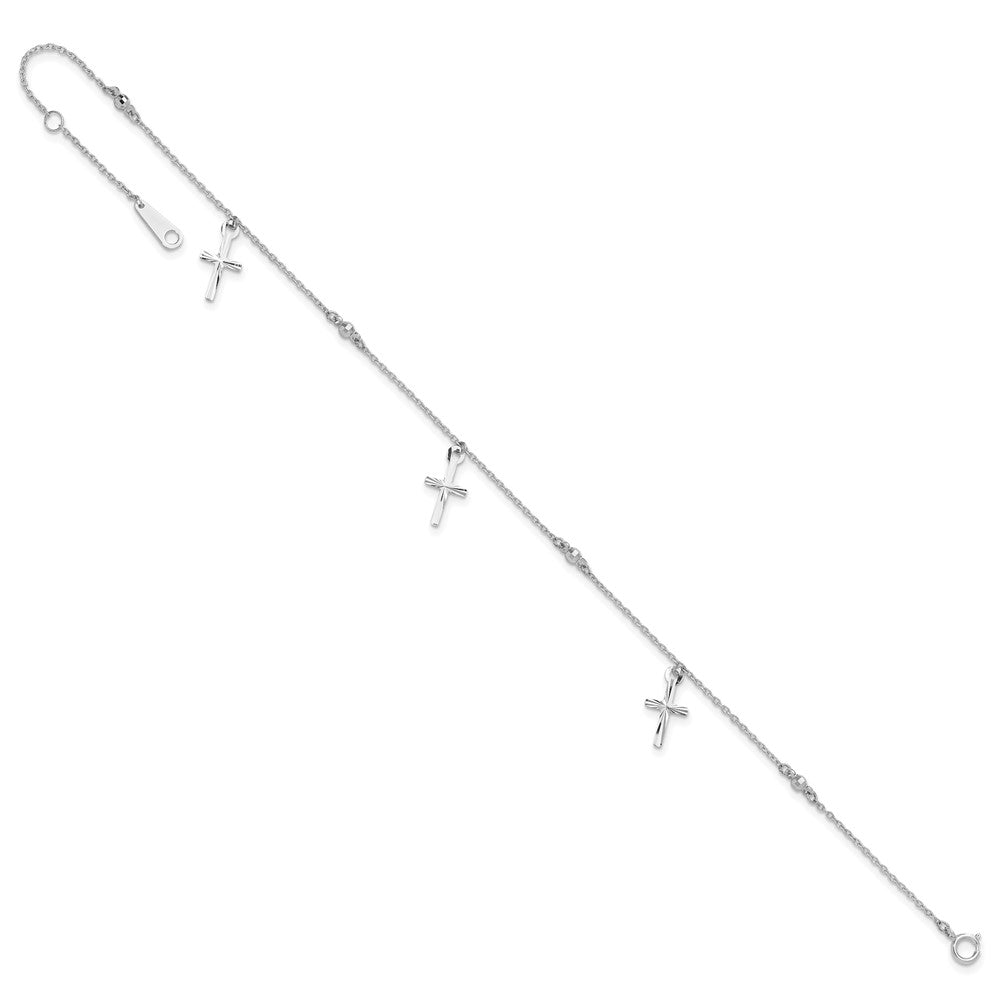 14K White Gold Polished and Diamond-Cut Cross 9in Plus 1in Ext. Anklet