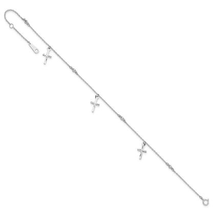 14K White Gold Polished and Diamond-Cut Cross 9in Plus 1in Ext. Anklet