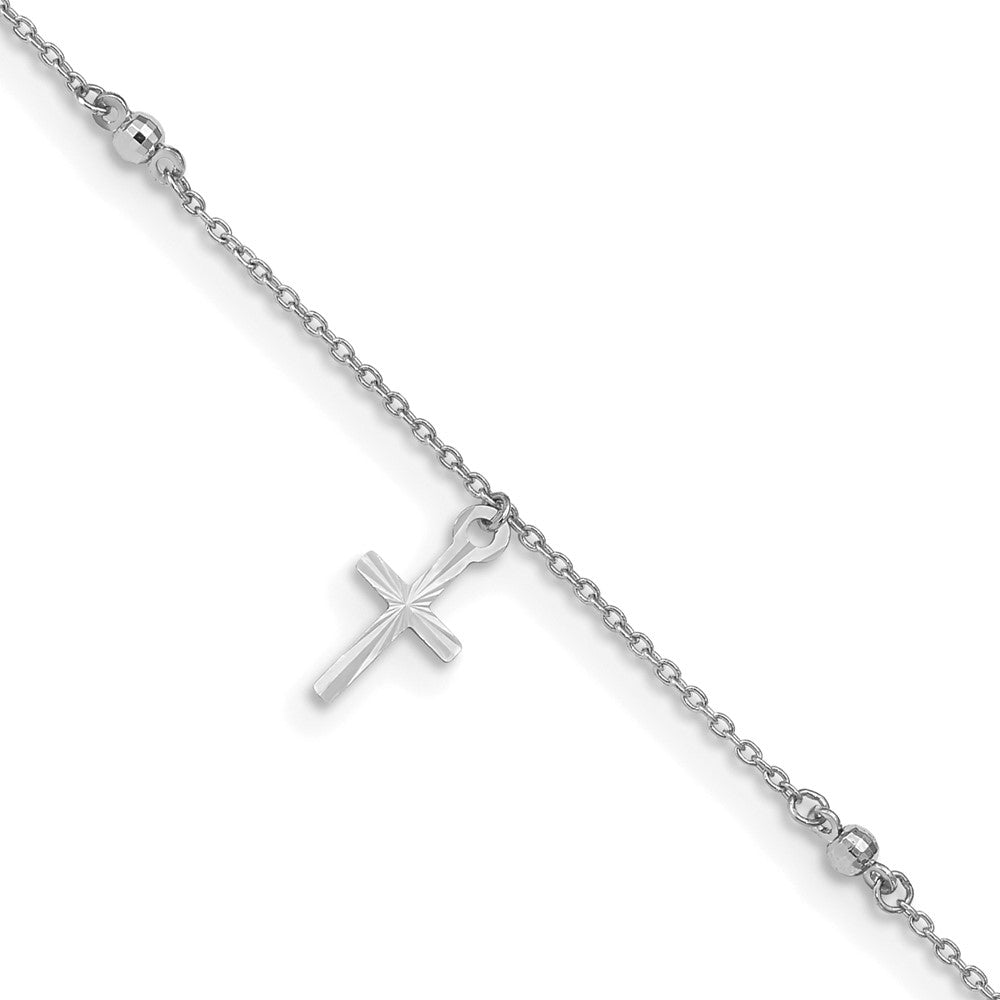 14K White Gold Polished and Diamond-Cut Cross 9in Plus 1in Ext. Anklet