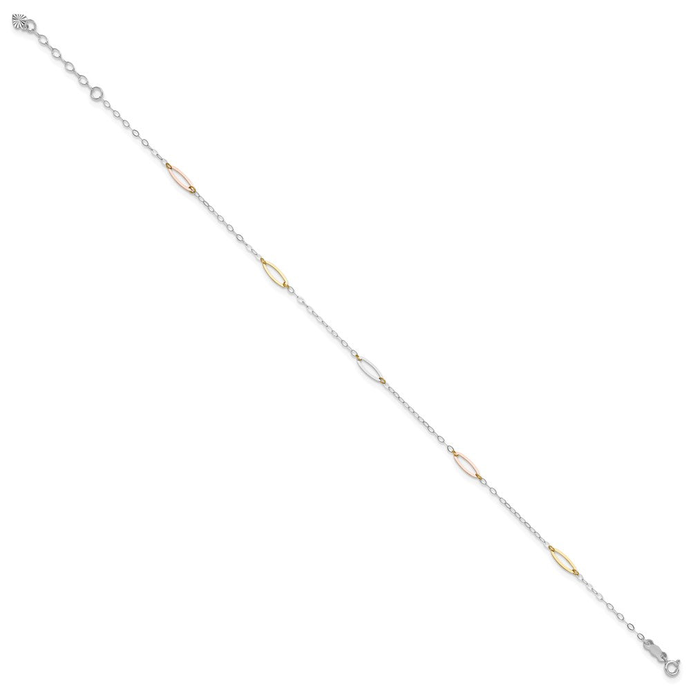14K Tri-Color Oval Link 9in Plus 1in Ext. Anklet