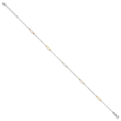 14K Tri-Color Oval Link 9in Plus 1in Ext. Anklet