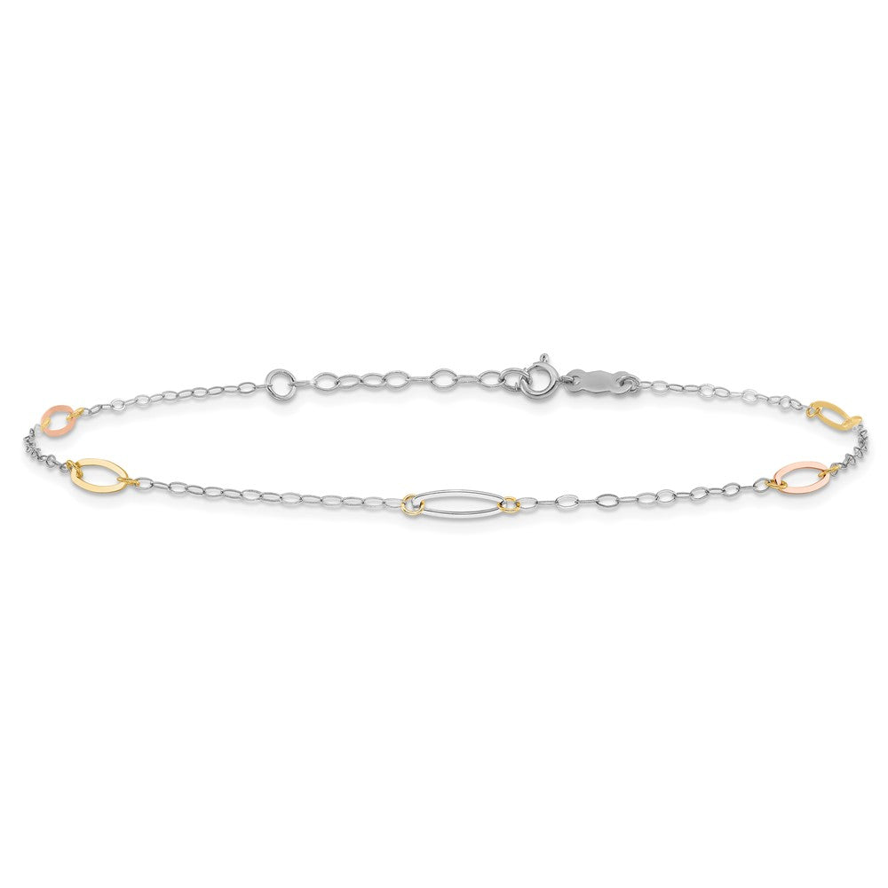 14K Tri-Color Oval Link 9in Plus 1in Ext. Anklet