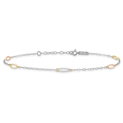 14K Tri-Color Oval Link 9in Plus 1in Ext. Anklet