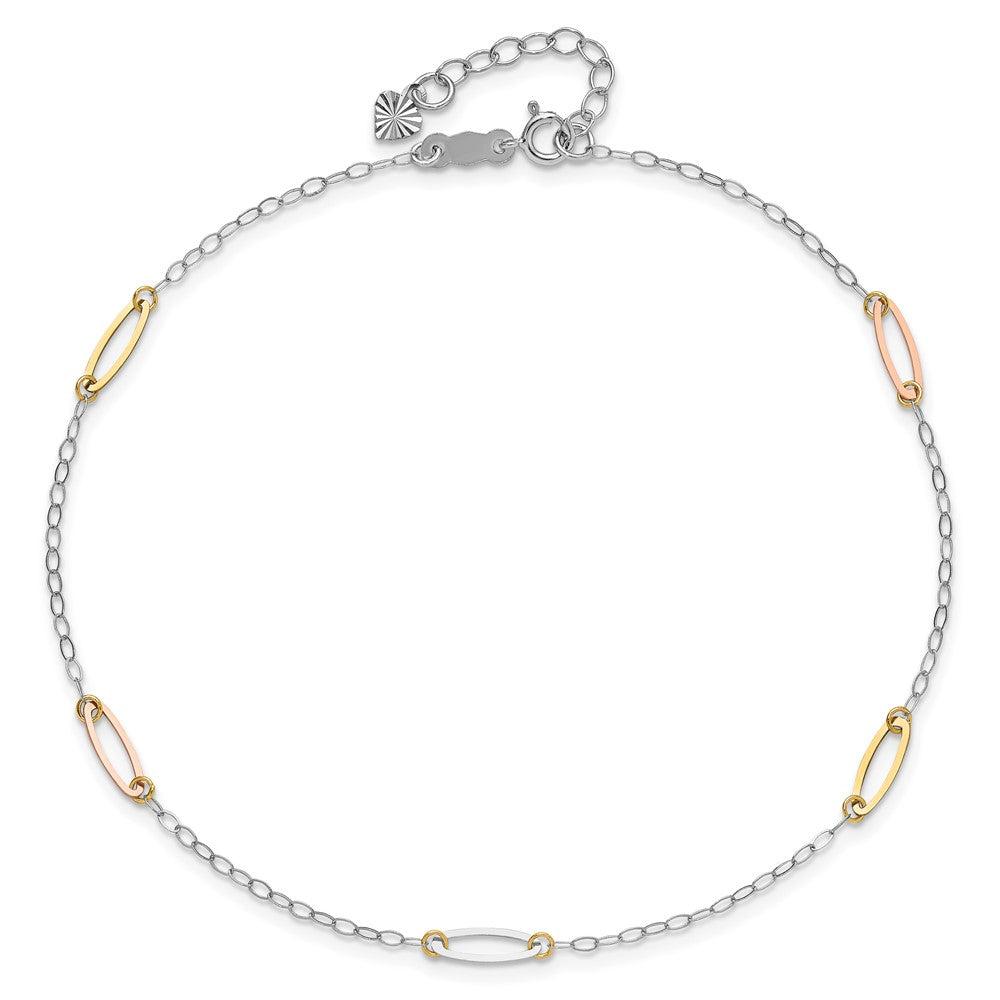 14K Tri-Color Oval Link 9in Plus 1in Ext. Anklet