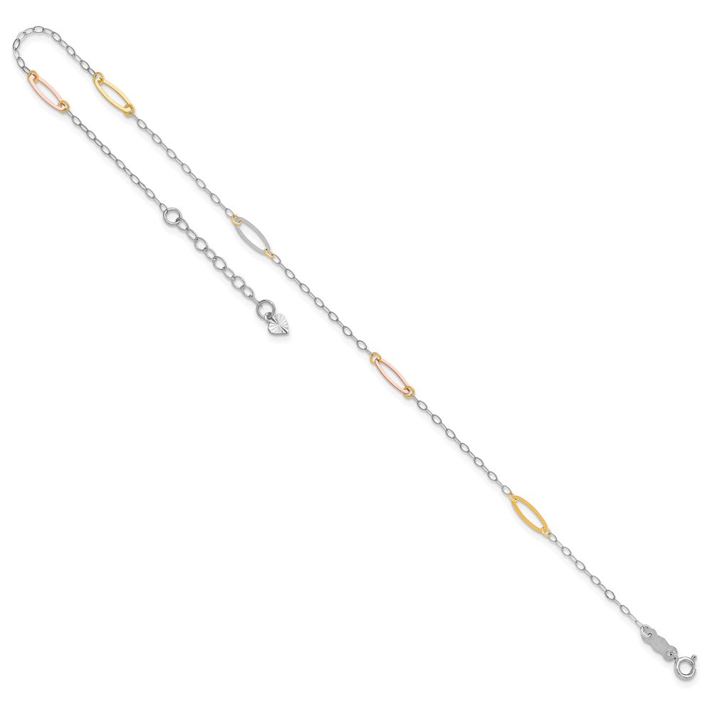 14K Tri-Color Oval Link 9in Plus 1in Ext. Anklet