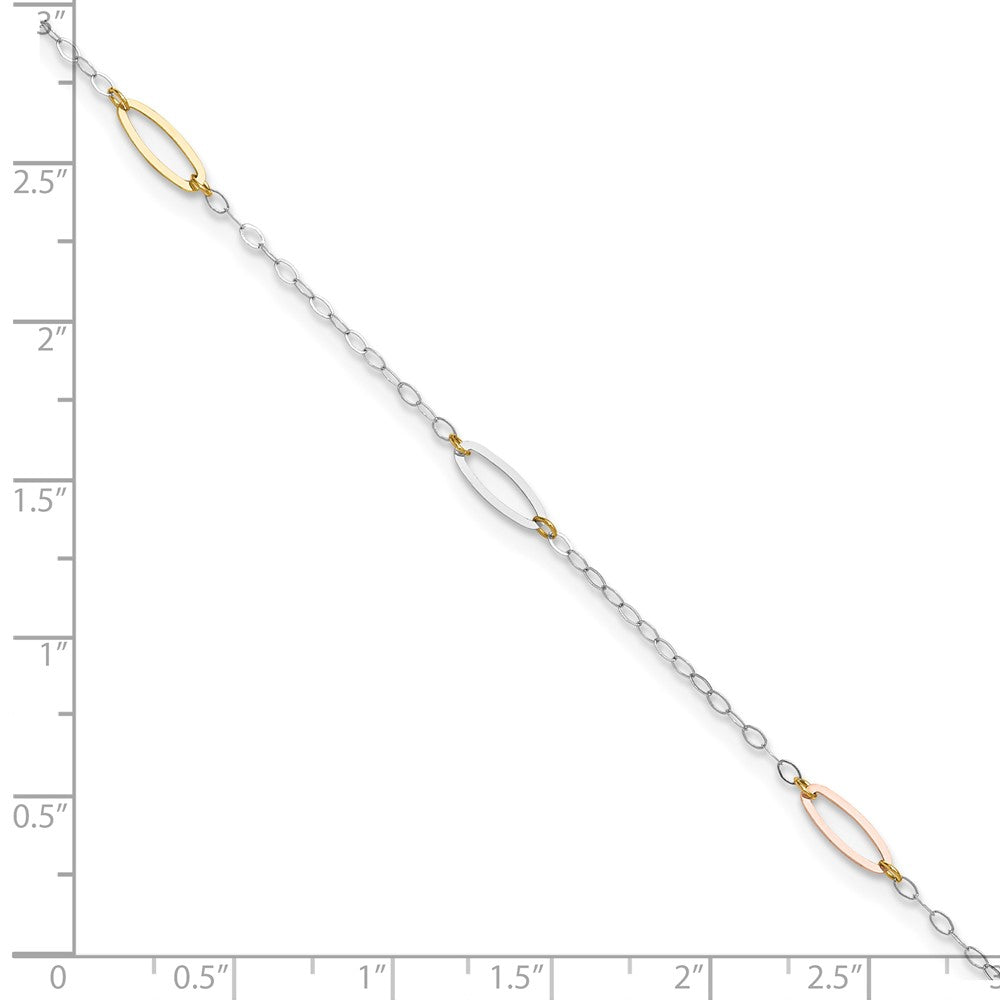 14K Tri-Color Oval Link 9in Plus 1in Ext. Anklet