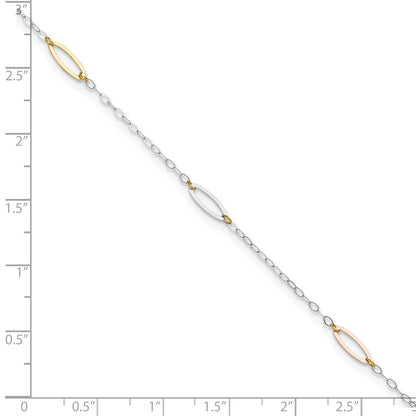 14K Tri-Color Oval Link 9in Plus 1in Ext. Anklet
