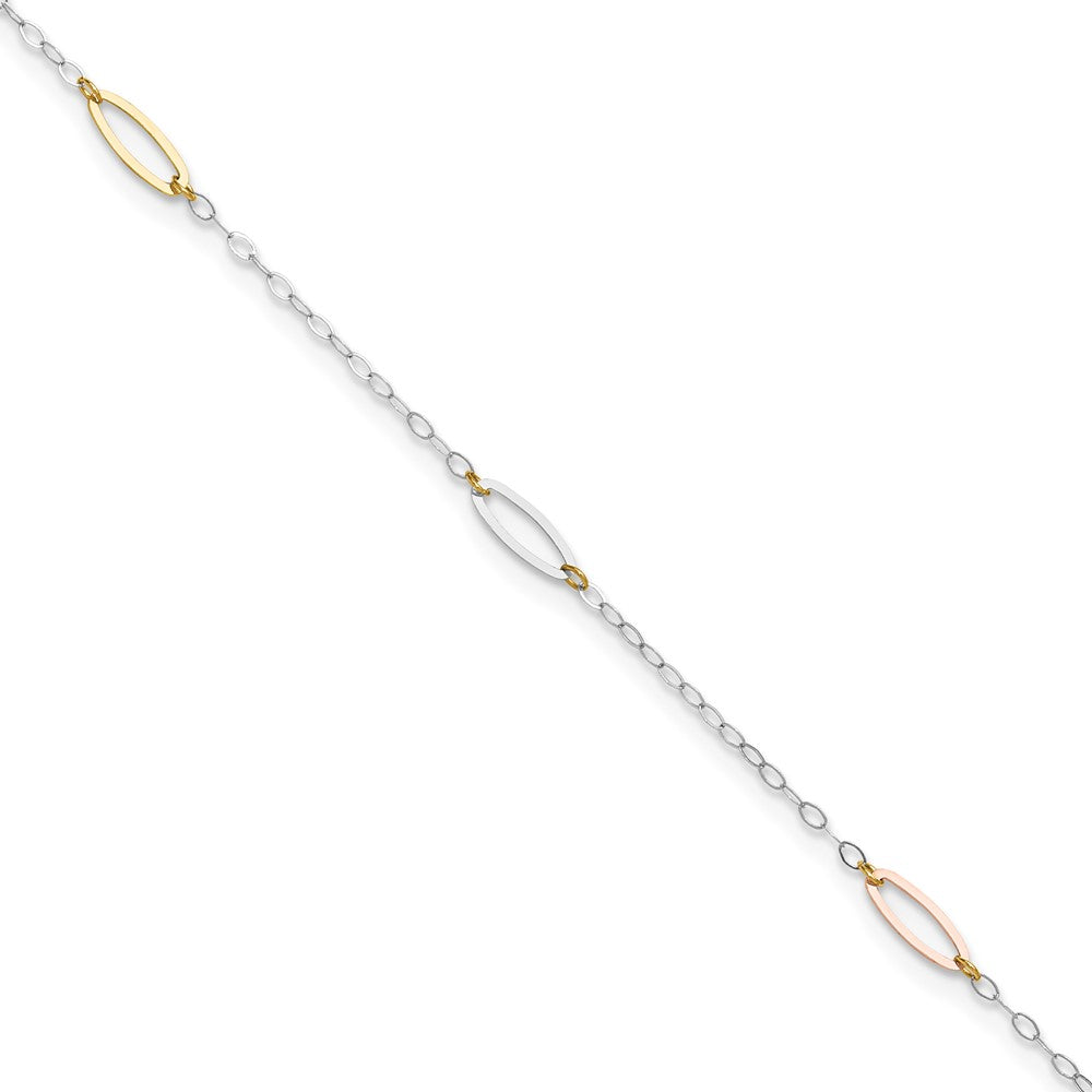 14K Tri-Color Oval Link 9in Plus 1in Ext. Anklet