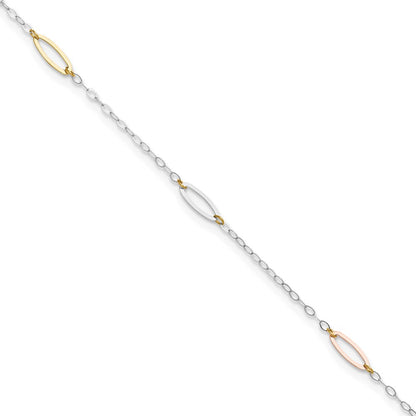 14K Tri-Color Oval Link 9in Plus 1in Ext. Anklet