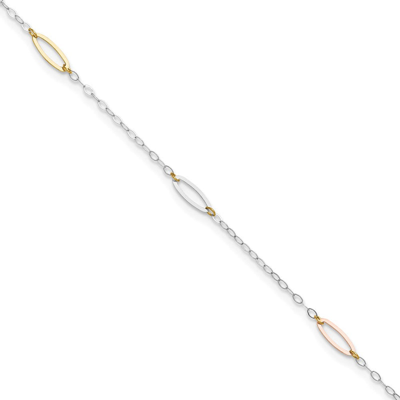 14K Tri-Color Oval Link 9in Plus 1in Ext. Anklet
