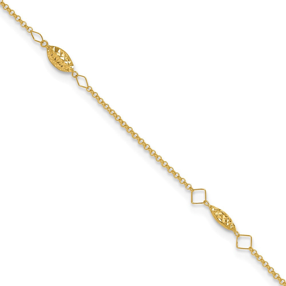 14K Yellow Gold Circle Chain Diamond Cut Rice Puff Beads 10in Plus 1in Ext Anklet