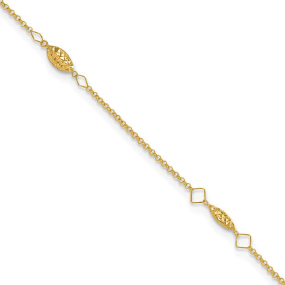 14K Yellow Gold Circle Chain Diamond Cut Rice Puff Beads 10in Plus 1in Ext Anklet