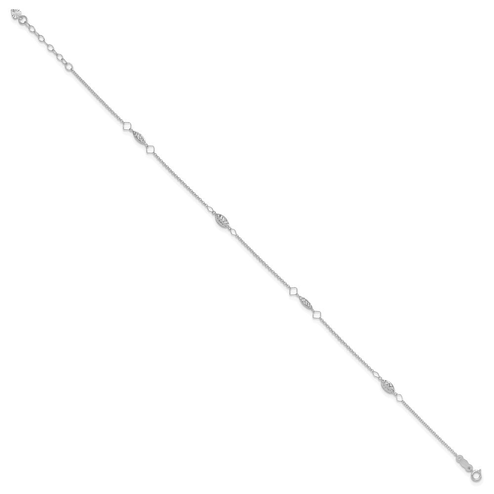 14K White Gold Diamond-Cut Puffed Beads 9in Plus1in Ext Anklet