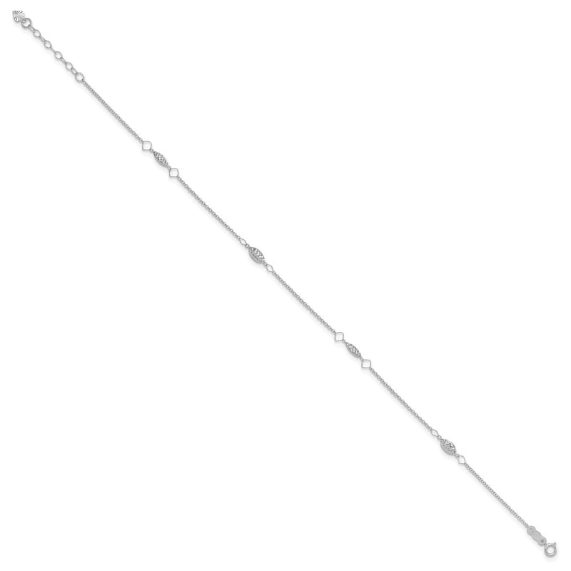 14K White Gold Diamond-Cut Puffed Beads 9in Plus1in Ext Anklet