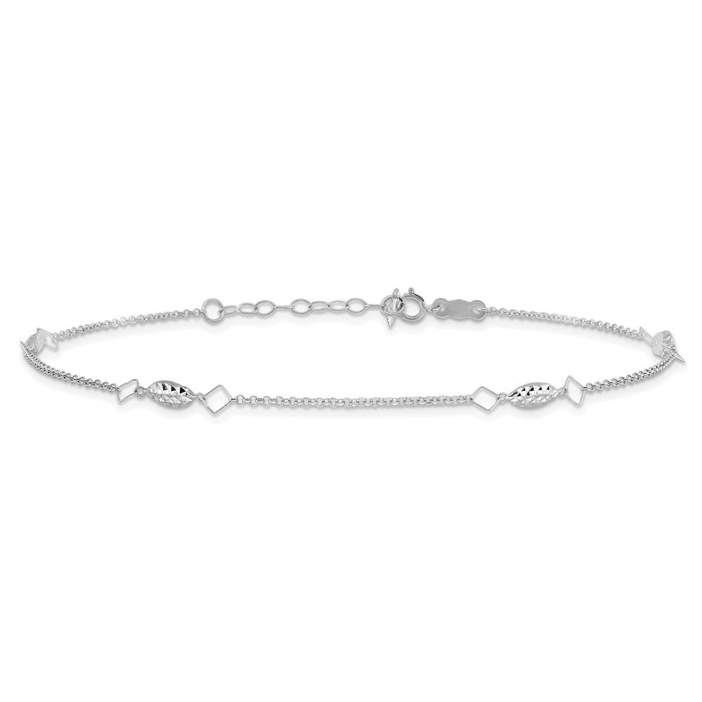 14K White Gold Diamond-Cut Puffed Beads 9in Plus1in Ext Anklet