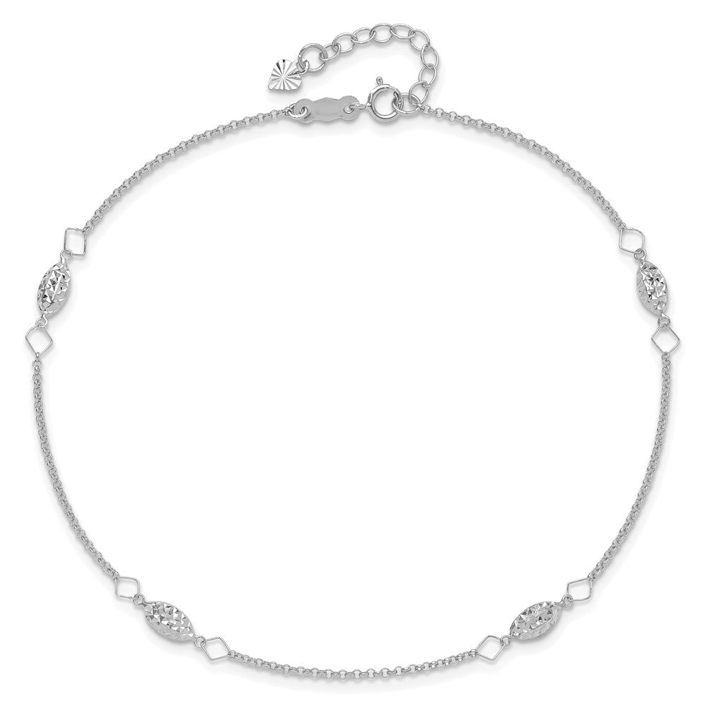 14K White Gold Diamond-Cut Puffed Beads 9in Plus1in Ext Anklet