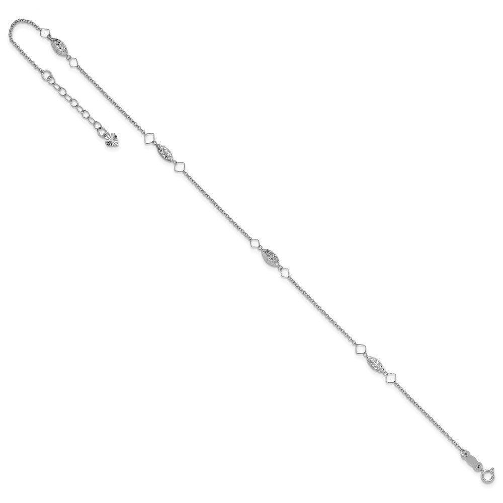 14K White Gold Diamond-Cut Puffed Beads 9in Plus1in Ext Anklet