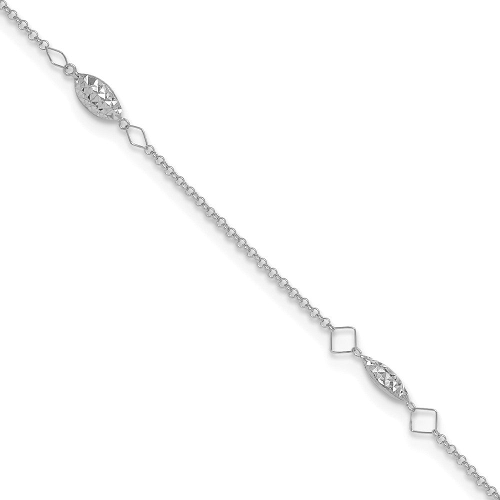 14K White Gold Diamond-Cut Puffed Beads 9in Plus1in Ext Anklet