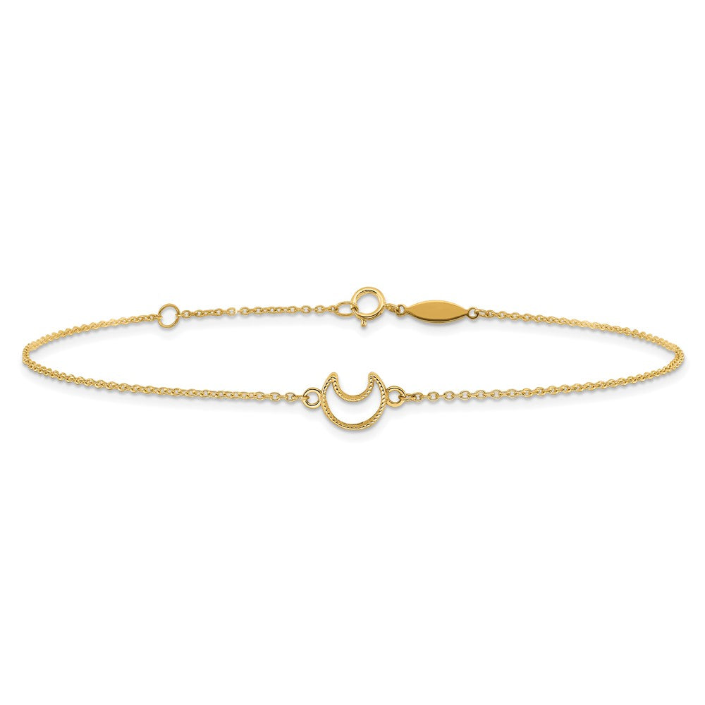 14K Yellow Gold Gold Textured and Polished Moon 9in Plus 1in Ext. Anklet