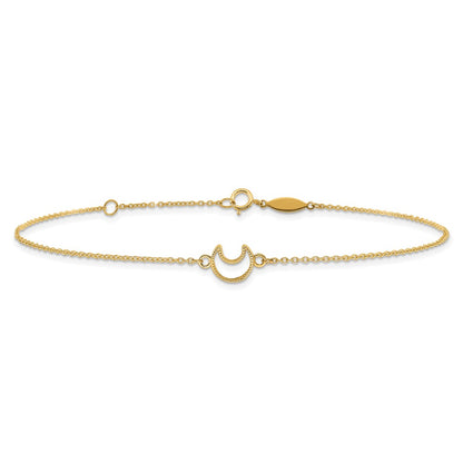 14K Yellow Gold Gold Textured and Polished Moon 9in Plus 1in Ext. Anklet