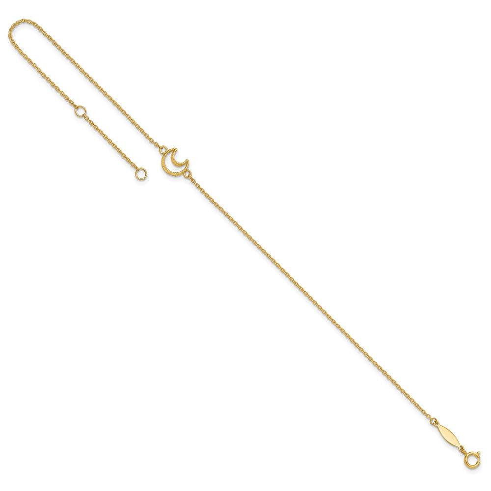 14K Yellow Gold Gold Textured and Polished Moon 9in Plus 1in Ext. Anklet